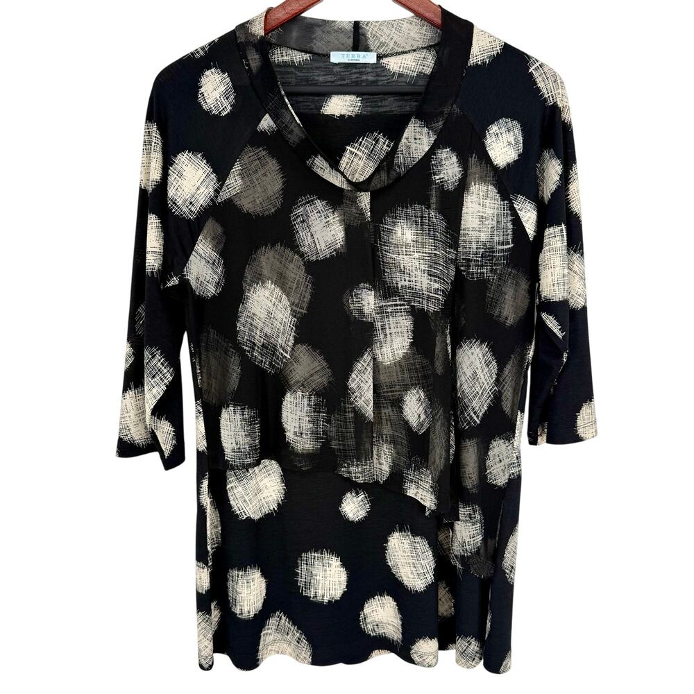 TERRA SJ Apparel Sz Small Black Wearable Art Blouse Shirt Top Artsy Abstract